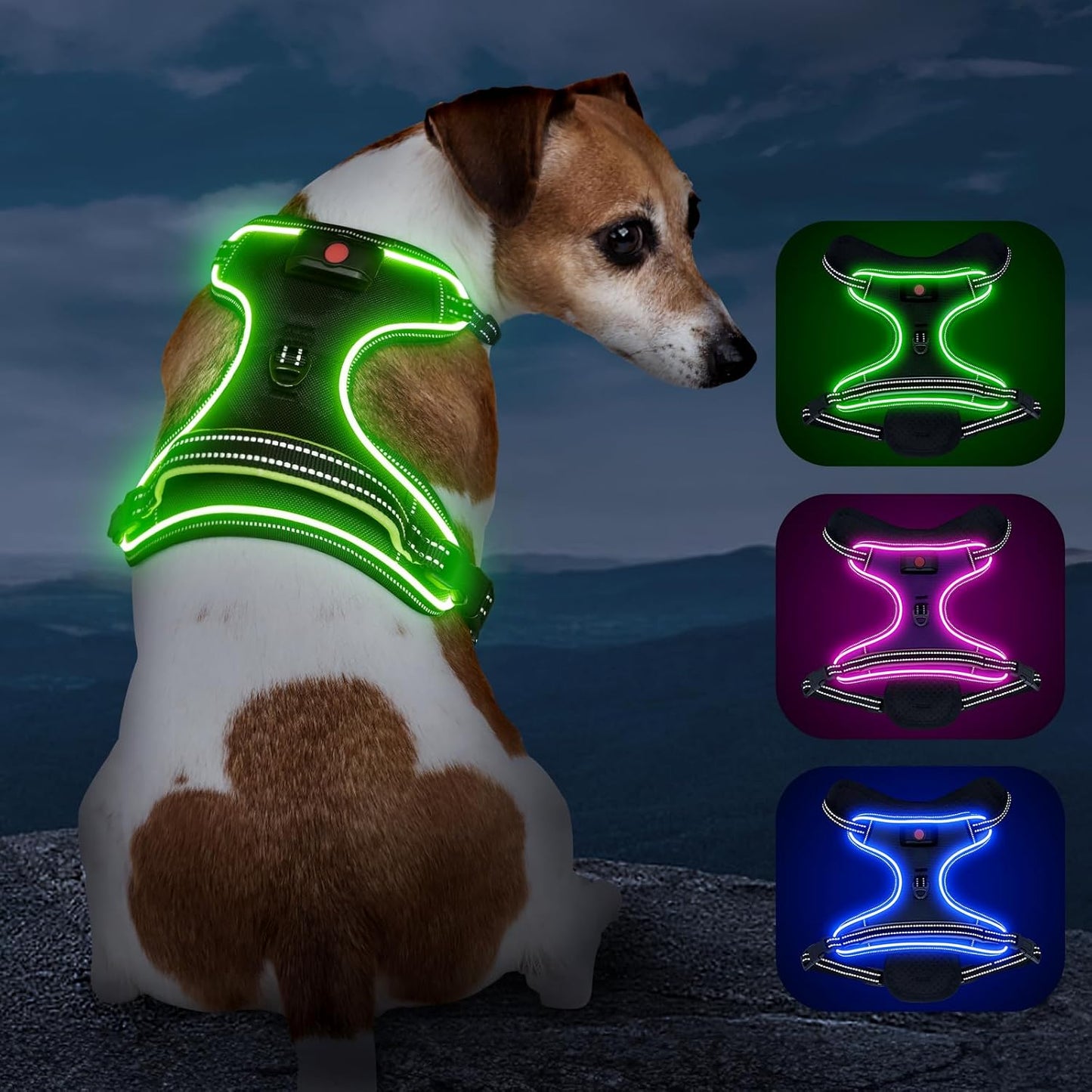 Rechargeable LED Dog Harness - No Pull, 4 Point Adjustable, Lighted Vest for Small/Medium/Large/X-Large Dogs
