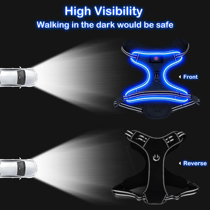 Rechargeable LED Dog Harness - No Pull, 4 Point Adjustable, Lighted Vest for Small/Medium/Large/X-Large Dogs